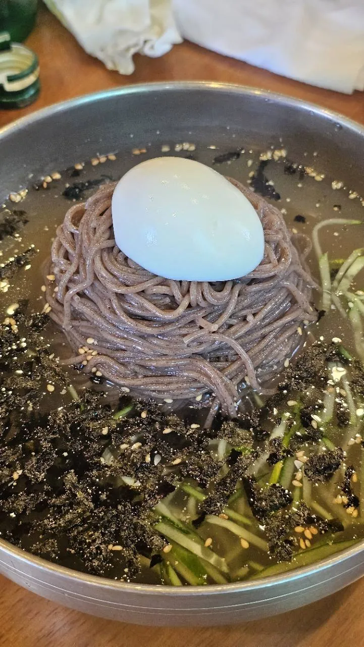 육수에 담긴 면 위로 삶은 달걀이 올라간 살구실 물막국수