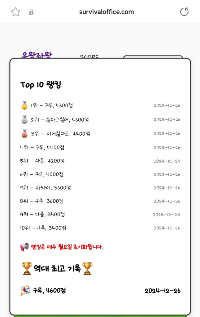 우왕좌왕게임 랭킹